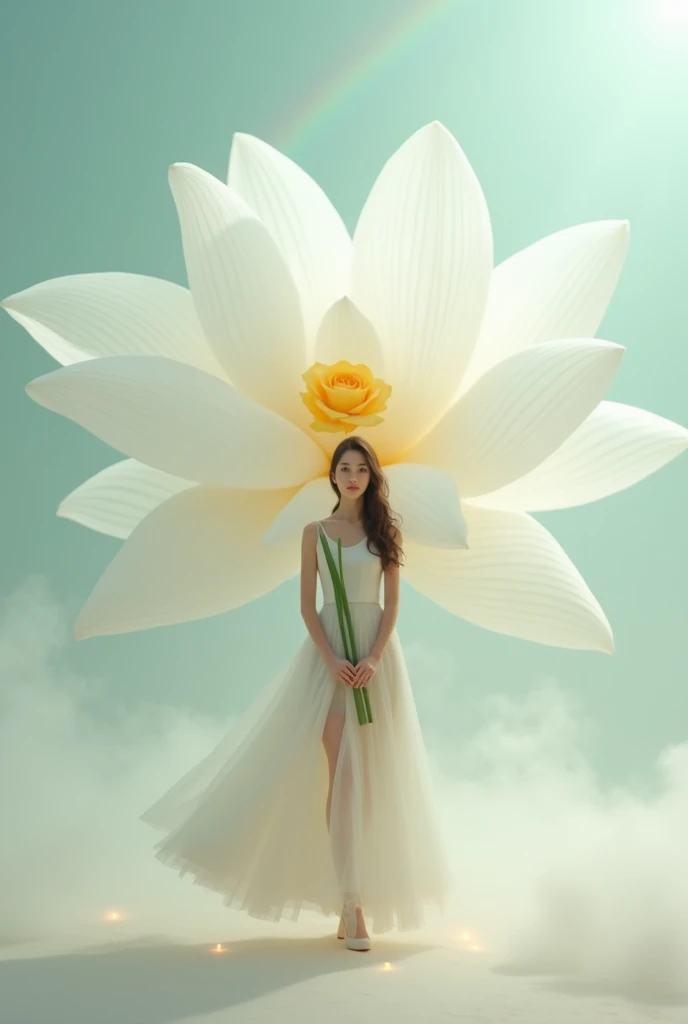 Light rainbow background of fog and legs, minimalist, elegant, pure gentle, soft light, photorealistic. Giant White Lotus , with huge and long petals. (petal made of thin and soft tulle, flowing petals full background, floating petals, hyperflying petals, at the feet A mixture of rainbow smoke and fog effects from colored fog on the ground and petals). Extravagant, beautiful woman full length, nice legs,shoes,in a fast dance pose, (Ultra detailed face, hyperrealistic) позирую Giant White Lotus , woman holding green stem in front of her, center of yellow bright rose in photo, woman looking at viewer, permission 8k, masterpiece, top quality, the skirt flutters strongly in the wind,
