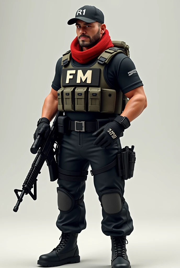 White male animated character with bulletproof vest that says FM, an AR15, black cap that says R1, black shirt PROSECUTOR'S OFFICE, black pantaloon, tactical boots and red scarf around the neck