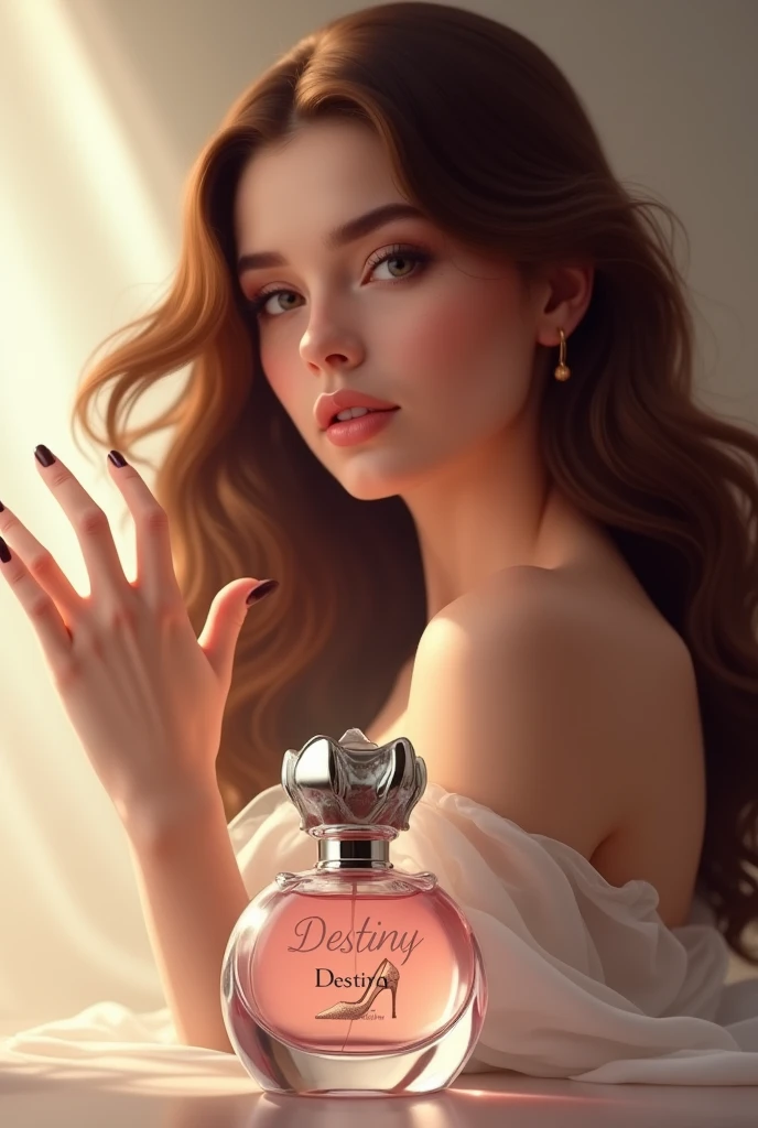 Create the image of a woman with brown hair, long hair length, spraying perfume on her hair, the perfume bottle needs to be 4cm wide, 13.5cm high, 2.5cm deep, silver spray, very light pink color, with a "high heel drawn on the bottle" and the writing "DESTINY" on the bottle.