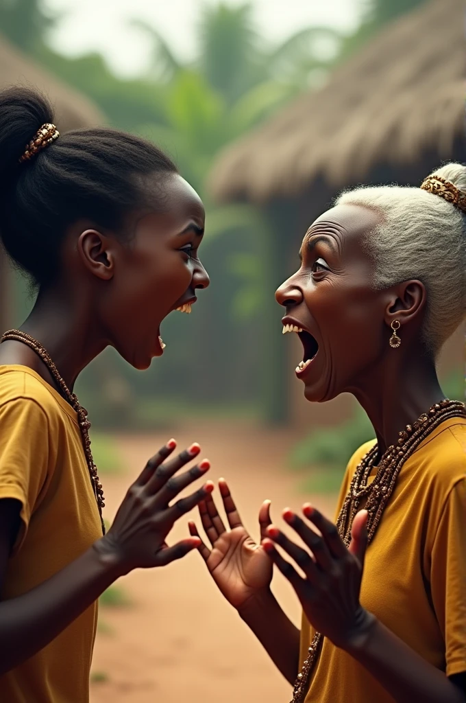 An image of an African girl shouting at an old woman shouting in a text "stupid old hag" with an angry expression on the girl's face realistic 3d image illustration photo realistic in a village setting