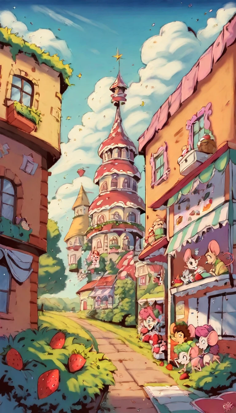 Red Cliff, Perfect composition, Perfect composition, creative poster, Lovely, (Mouse as Chief), (Mouse as chef), (Decorate delicious cheesecake), (Strawberry Cream Cheesecake), (Messy tables), (Cheese crumbs scattered around.), (best quality:1.2), (Extremely detailed), (Reality:1.37), (HDR), (Bright colors), (portrait), (Warm and bright tones), (Soft diffuse lighting), food , Lower style
