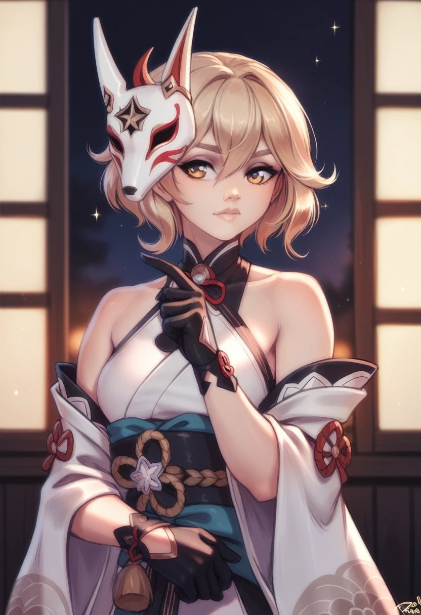 By personalami. sparkle \(honkai: star rail\),1girl,solo,gloves,mask,japanese clothes,black gloves,bare shoulders