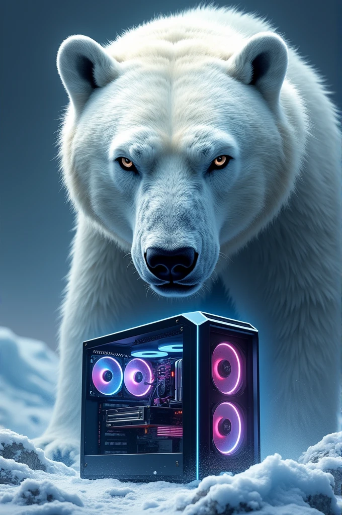Polar bear logo with a gaming pc - focusing more on the polar bear face and gaming pc