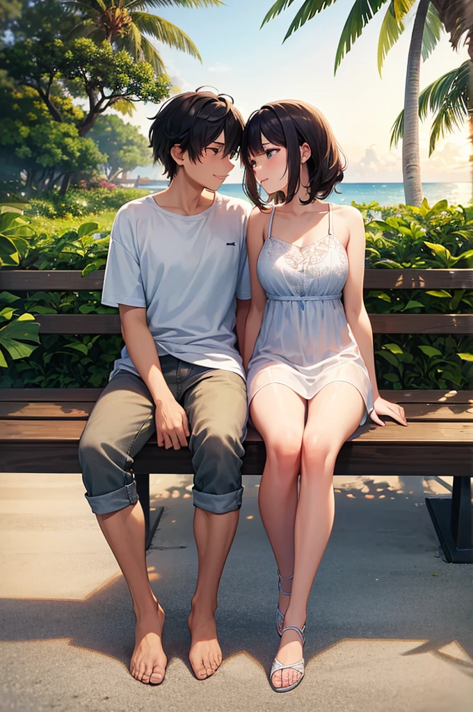 A romantically entwined pair of lovers sits on a weathered bench beneath towering coconut trees as the vibrant hues of a sunset bathe the scene in golden light. The young couple, dressed in casual, summery attire, exude a sense of carefree joy and intimacy. This striking image, whether a painting or photograph, captures the warmth of their love and the serenity of the tropical setting with impeccable detail and exquisite color rendering, making it a masterpiece of romantic nostalgia.