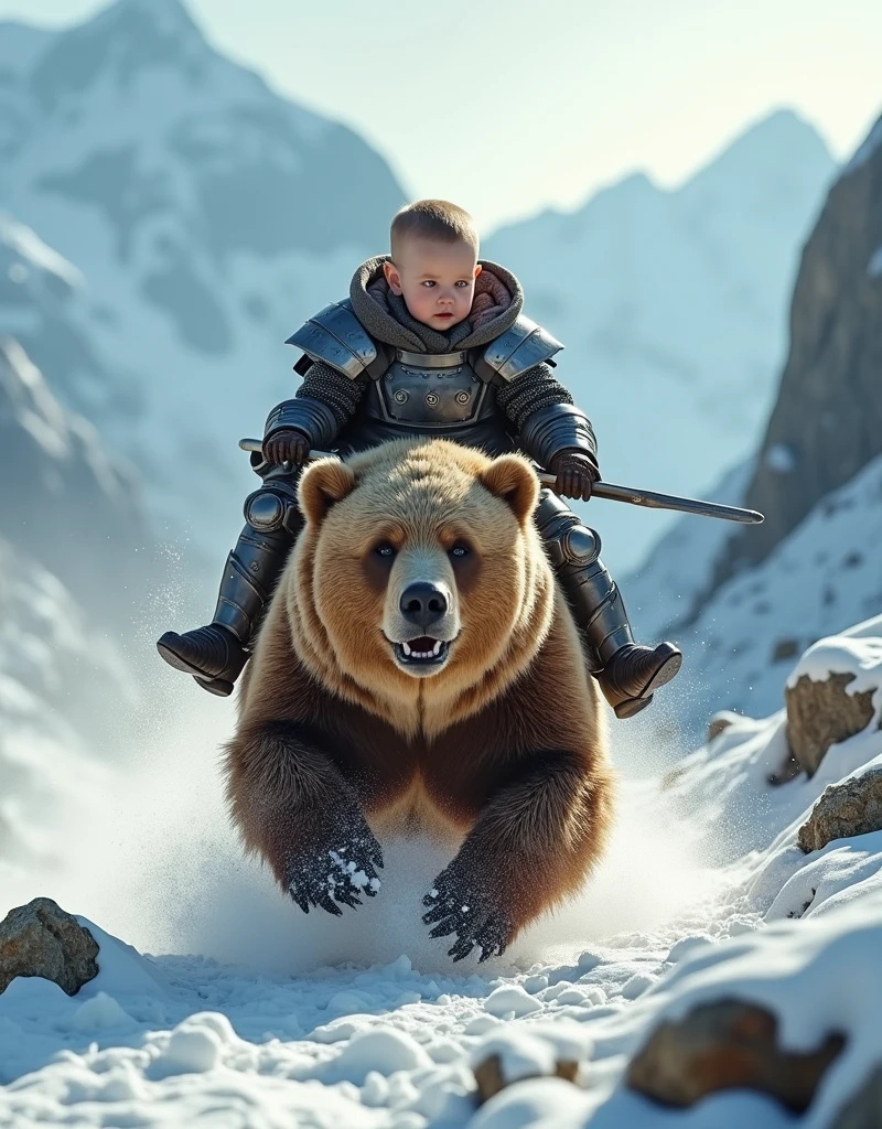 8K, HDR, ultra detailed, professional lighting, cinematic lighting, Photorealistic, , wearing medieval armor, sitting on a big brown bear, bear with cyberpunk style armor, running at great speed through nature, mountains, dynamic camera angle, powerful composition, concentrated lines, scattered snow, great landscape