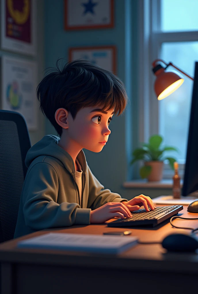 Create me the same boy but with his computer sitting in his room