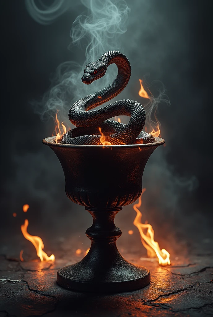 Snake coiled in a black chalice of fire. Satanism.