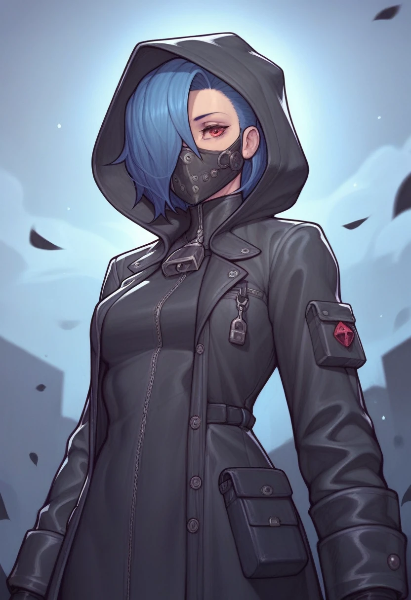 _asura style, 1girl, solo, blue hair, red eyes, mask, hair over one eye, hood, black raincoat, cowboy shot, night background