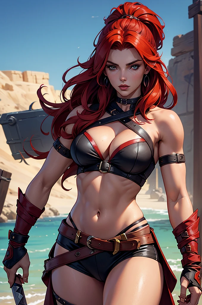 A woman with red hair, a very beautiful berserker woman, sultry body, with the face of Actress Ashley Greene, a barbarian pirate trailblazer, wearing a warrior&#39;s leather armor, wearing left eye patch, similar to Red Sonja, Marvel heroine style, 8k, best quality and full body, walking on the beach.