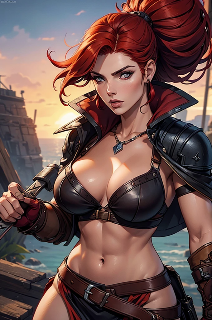 A woman with red hair, a very beautiful berserker woman, sultry body, with the face of Actress Ashley Greene, a barbarian pirate trailblazer, wearing a warrior's leather armor, wearing left eye patch, similar to Red Sonja, Marvel heroine style, 8k, best quality and full body, walking on the beach.