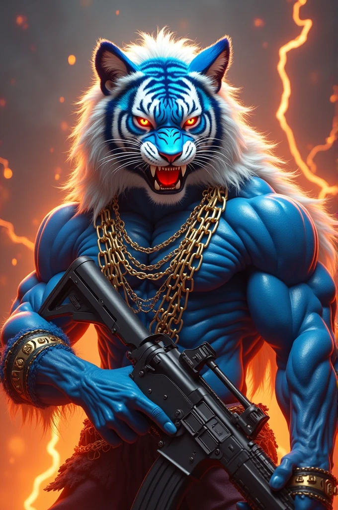depict a hyperrealistic blue and white tiger-like human with flowing hair in 4D style with very realistic body details,chain on chest,sharp gold teeth,and the eyes glowing red facing forward,there is writing "leonard" on a ribbon of intricate bold letters,combination of blue and white,hand holding AK47,background of flames around the body,armor,ornaments and lightning that lights up,burning passion,full gambar