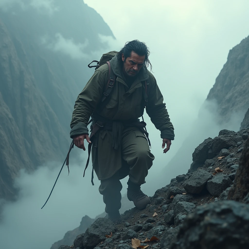 A person climbing a steep, rocky mountain. The person is exhausted and struggling, but they press on, fueled by their faith. The summit is shrouded in clouds, symbolizing the challenges ahead, but the person is determined to reach their goal.