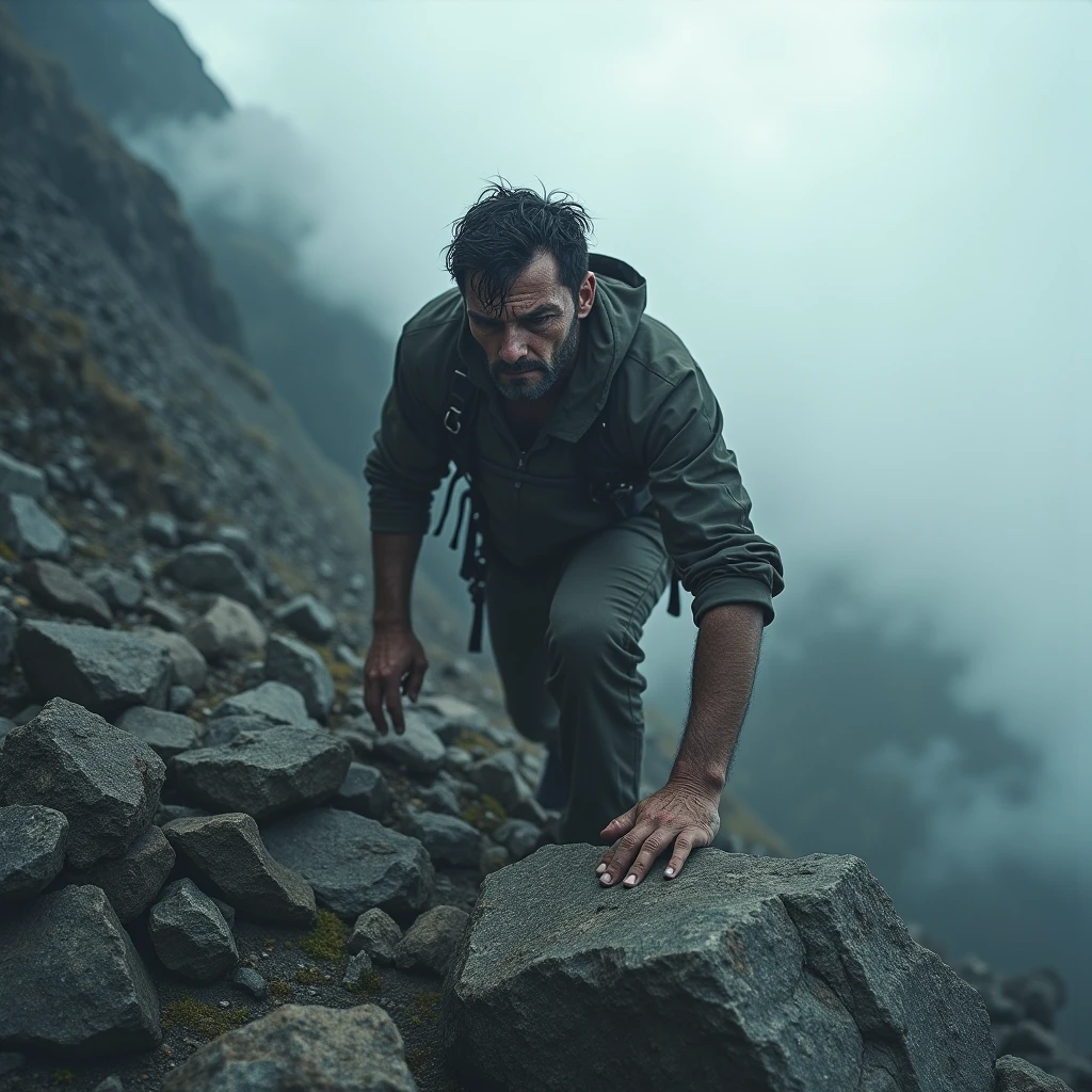 A person climbing a steep, rocky mountain. The person is exhausted and struggling, but they press on, fueled by their faith. The summit is shrouded in clouds, symbolizing the challenges ahead, but the person is determined to reach their goal.