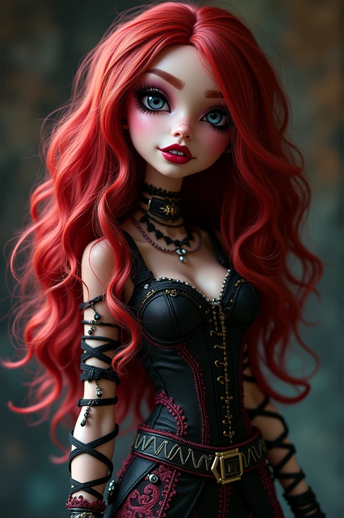 a girl in the monster high universe, red curly hair, vampire teeth, gothic clothes, bracelets and facial piercings