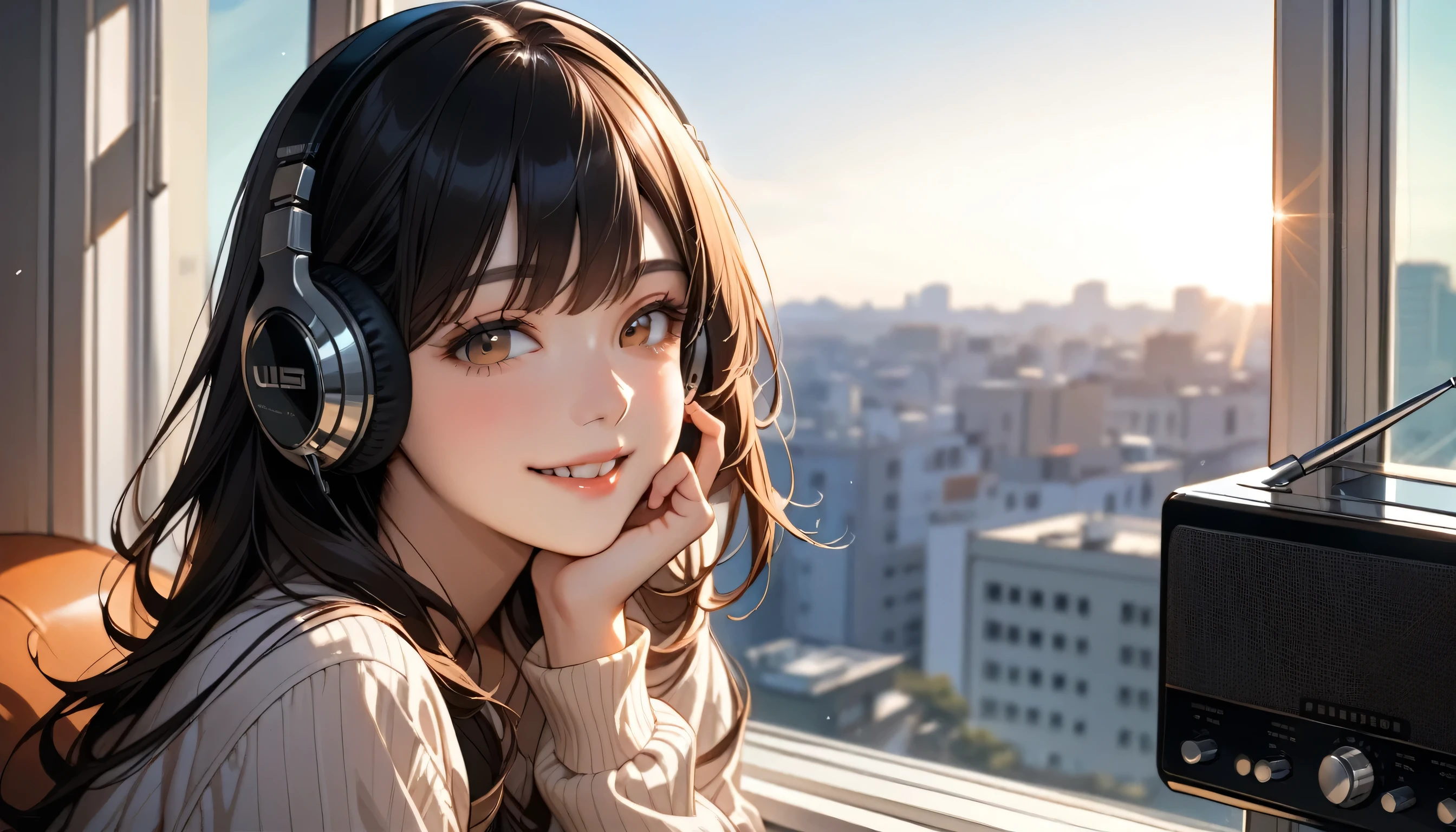 , High resolution, masterpiece, Highest quality, Ultra high definition, One person, solo, Beautiful Face, , Looking out the window, Listening to the radio, Smiling