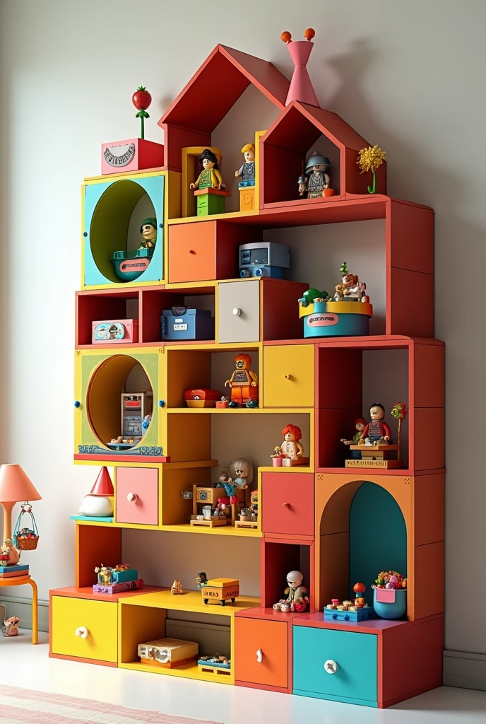 Make an innovative storage shelf for Legos that has smaller and creative compartments for a child between 4 and  that is something innovative that does not exist, something unimaginable

