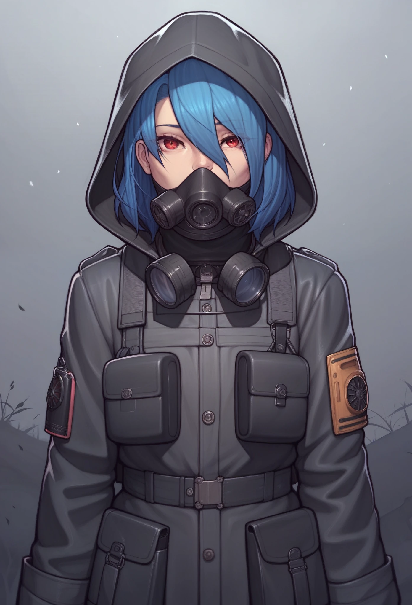_asura style, 1girl, solo, blue hair, red eyes, military respirator, eye under hair, hood, black raincoat, cowboy shot, night background