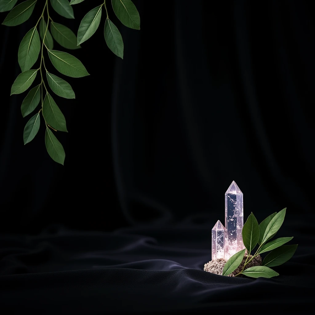 "Generate a sophisticated and realistic background with a deep black, velvety texture that exudes luxury. Place natural green leaves in the upper left corner, and in the bottom right corner, add similar leaves intertwined with radiant crystals. The scene should be subtly illuminated to bring out the richness of the black texture, providing a perfect backdrop for elegant jewelry."







