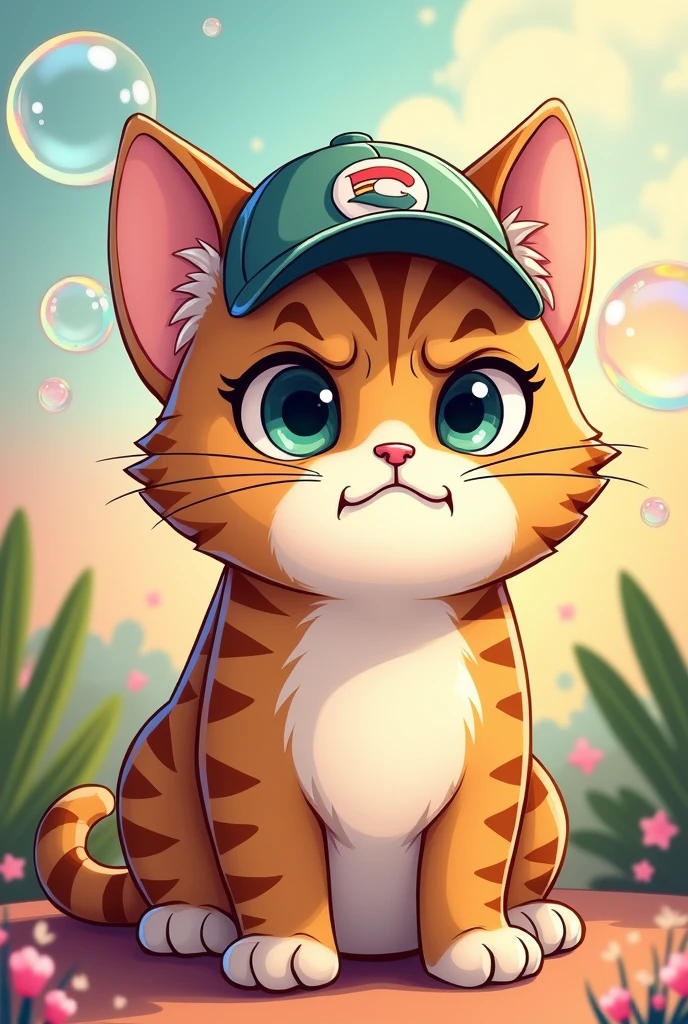 Cute thick grumpy face Cat with Basecap, Cartoon,bubbles