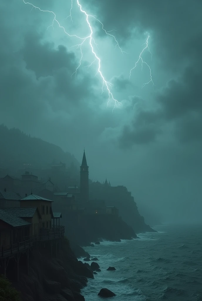 fog with lightning falling from dense clouds over a dark coastal town full of houses and small buildings on the waterfront