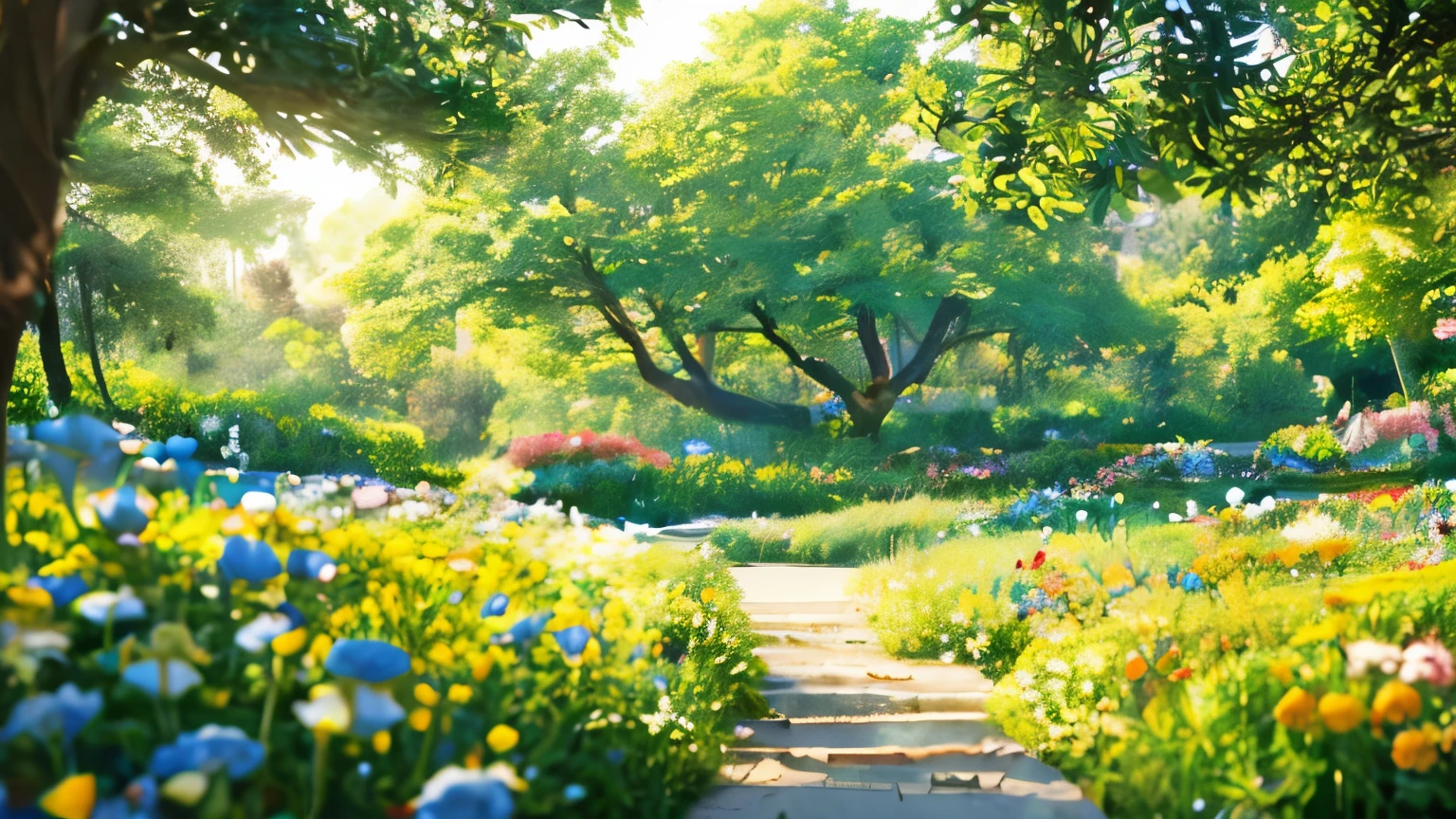 A spiritual abstract mandala made of flowers and plants arranged on fabric, capturing the essence of early summer with vibrant green hues, bright blues, yellows, oranges, and pinks. The artwork symbolizes paradise, bliss, nirvana, unity, and oneness, inspired by Buddhist Pure Land aesthetics. The composition is panoramic and horizontal, with a wide-angle view, incorporating soft lighting and shining lights to create a rich sense of depth and positivity. The background features a clear blue sky with fluffy white clouds, enhancing the fresh and positive atmosphere of early summer. The design is abstract, avoiding specific landscapes or forest elements, focusing solely on the arrangement of flowers and plants. Colors are vibrant and high in brightness, with a mix of pale and intense tones, including shades like DarkGoldenrod and Light Forest Green. Best quality, concept art, hopeful, clear blue sky, white clouds, main artwork, panoramic composition, wide-angle lens, soft lighting, shining lights, green hues, vibrant colors, high brightness colors, pale colors, DarkGoldenrod, Light Forest Green. --ar 4:1 --size 1200x300