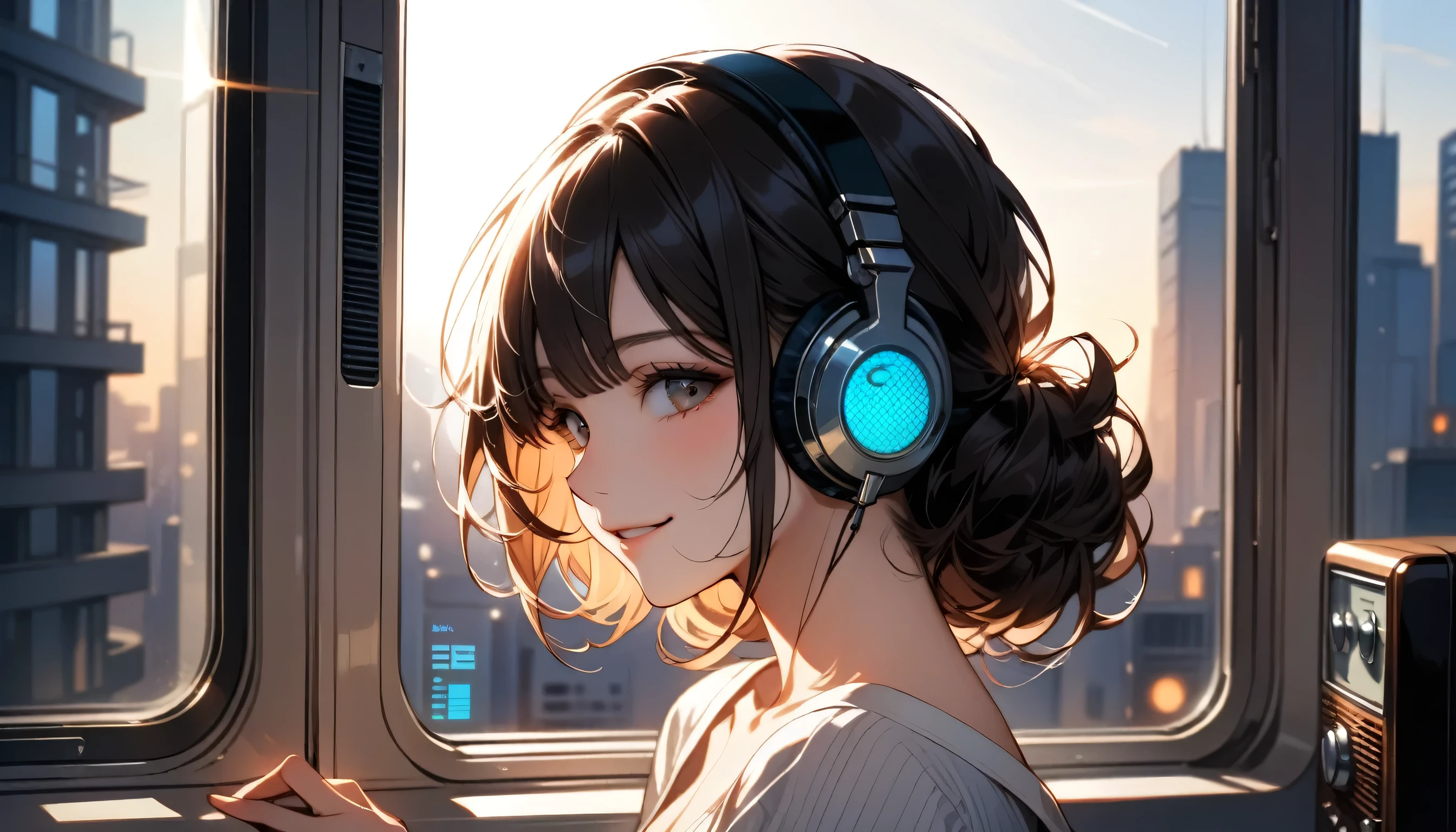 High resolution, masterpiece, Highest quality, Ultra high definition, One person, solo, Beautiful Face, , Looking out the window, Listening to the radio, Smiling, Closed Mouth