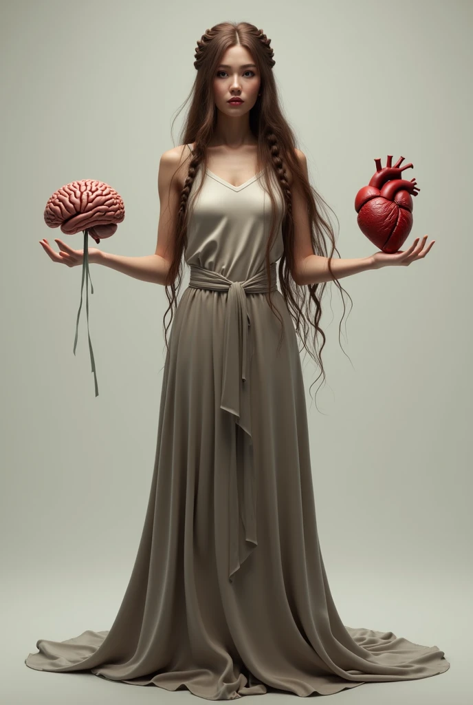 Create a very realistic brunette woman, dressed in a long skirt and braids in her hair with a brain in her left hand and a heart in her right hand