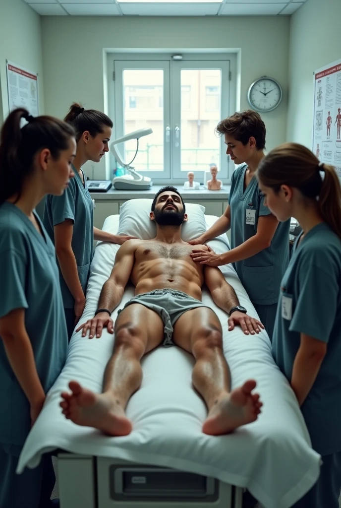 In an anatomy classroom, an iranian man, stark, very bearded and hairy body, is lying on an examination table completely naked. He is touched and examined closely by a group of curious casually dressed students around him., all focused on learning about the human body. The school classroom is bright. 