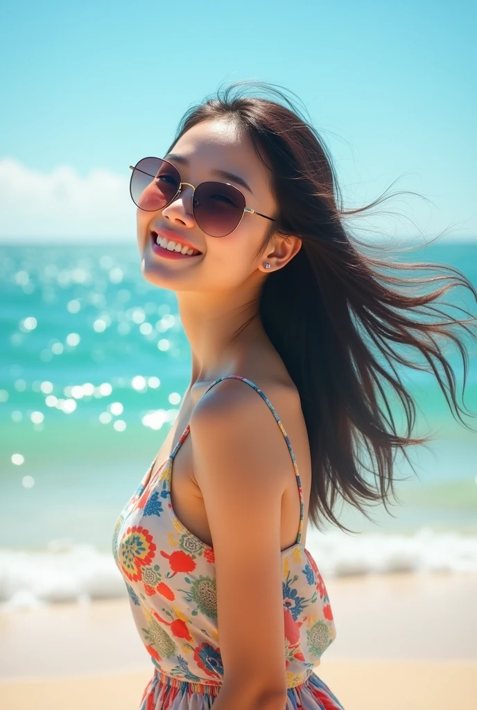 I need a happy Chinese girl looking at the sea with sunglasses on 
