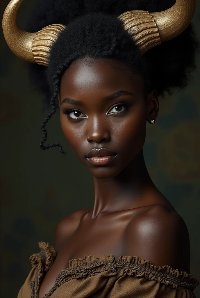dark-skinned black woman with buffalo horns staring at the viewer, big hair, Pre-Raphaelite Brotherhood, ray tracing, from below, masterpiece