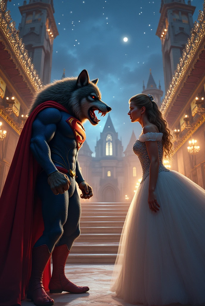 Create the image of the big bad wolf fighting Superman Cinderella style