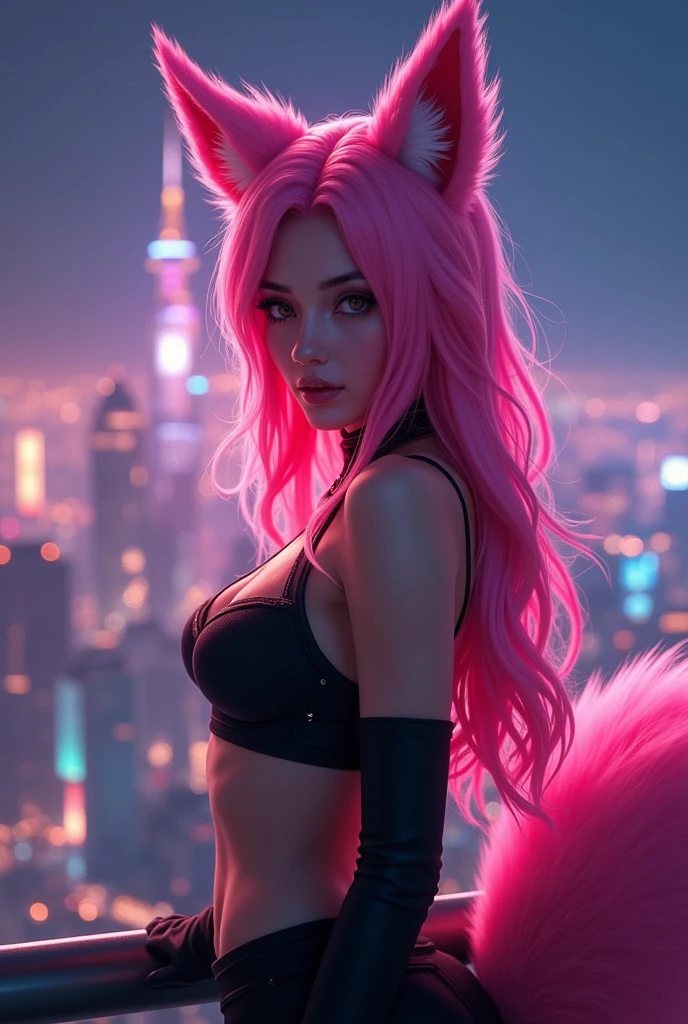 photography, masterpiece, top quality, photorealistic, 8K, high resolution, detailed skin, 8K Ultra HD, DSLR, soft lighting, high quality, film grain, Fujifilm XT3, (upper_body:1.4), 1.2, realistic, Ultra Detail, Ultra High Resolution, blurry, extremely detailed CG unity 8k wallpaper, finely detail, highly detailed, cinematic lightning, official art, perfect anatomy, perfect hands, perfect face, round face, best quality, dreamlikeart, (8k, RAW photo, best quality, masterpiece:1.2), (perfect face:1.3), (BREAK:1.7), upper body, ahri, ahri_\(league_of_legends\), ((1girl)), solo, absurdres, animal_ears, long hair, pink_hair, ((bright_pink_foxes_ears:1.5)), ((Green Eyes:1.4)), smiling softly, ((bright_pink_foxes_tail:1.5)), looking_at_viewer, skin-tight black crop top, skin-tight black pants, (looking down on the city), (night_time), dynamic pose, btpt-fc,