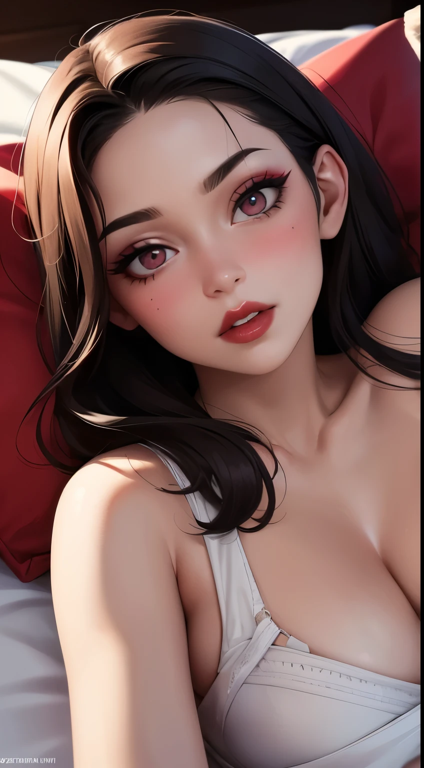Amazing portrait of a woman who is 30 years old and an adult and a sexy woman who is blushing hard wearing red makeup with her hands pinned to the side as she's lying on bed with her head on pillow facing up pinned as playful turned sexy with her mouth parted and her eyes looking at lips looking very sexy and hot during night time with soft lighting showcasing her red lips and her beautiful face in detail and close up