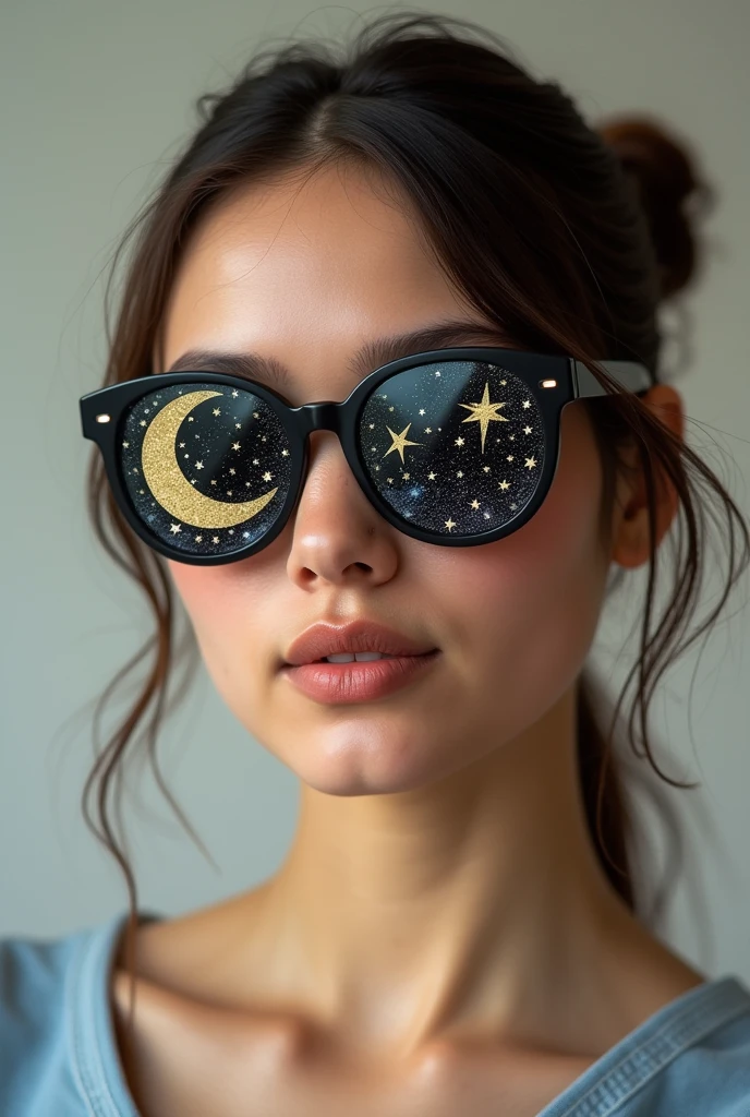 The model is wearing glass sunglasses with stars and the moon on the glass