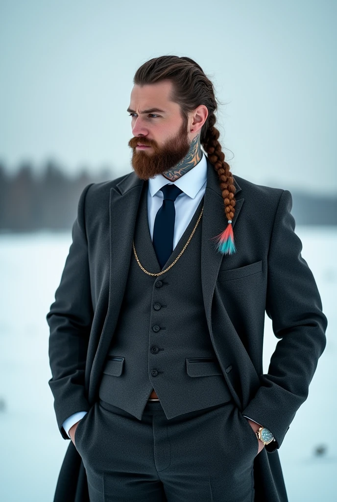 Man with thick lips, athletic body, masculine energy and sexy, defined chin, trimmed beard, braid with gradient on the sides, colored tattoo, wearing a coat and open showing the suit below, three-piece suit: suit jacket classic lapels dark grey vest under the jacket watch chain in the pocket dark grey suit pants white dress shirt white under the vest dark blue tie in russia winter remote image quality 30k large photo