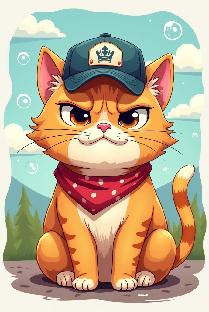 Cute thick grumpy face Cat with Basecap, Cartoon,bubbles,bandana
