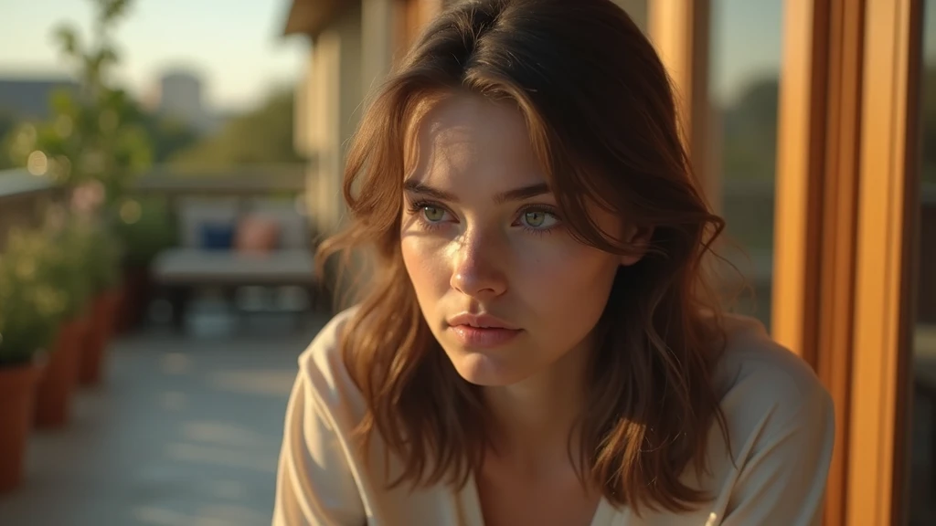 Ultra-realistic portrait of a 1 Western teenage girl, with brown hair and expressive eyes that reflect worry and hesitation. Her face shows signs of introspection. She is wearing a casual blouse. She must be looking at the camera. The portrait should be from the waist up.

The teenage girl is sitting on a balcony, with elements such as plants and a chair in the background, but blurred so as not to distract from the main subject.

The lighting should be soft and natural, with late afternoon light coming from one side, creating subtle shadows that accentuate the teenager's introspective expression. The light should highlight the eyes and the texture of the skin, emphasizing the seriousness of the situation.

The image should convey a sense of introspection and concern, with a touch of vulnerability. Suggest a warm color palette, such as golds and oranges, to complement the late afternoon atmosphere.

The photo should be of high quality, with 8k rendering and extreme detail, capturing the emotional essence of the moment.