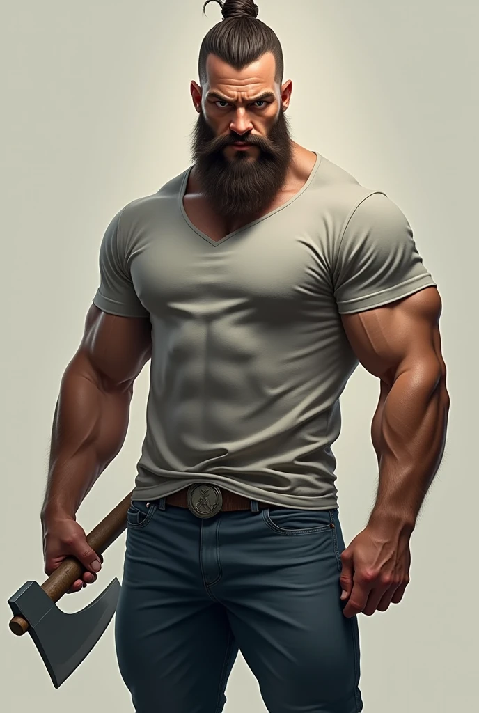 Man muscular figure short beard Viking style hairstyle with braid, T-shirt and tight jeans with a medieval axe in hand