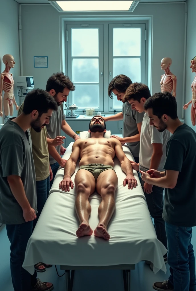 In an anatomy classroom, an iranian man, stark, very bearded and hairy body, is lying on an examination table completely naked. He is touched and examined closely by a group of curious casually dressed students around him., all focused on learning about the human body. The school classroom is bright. 