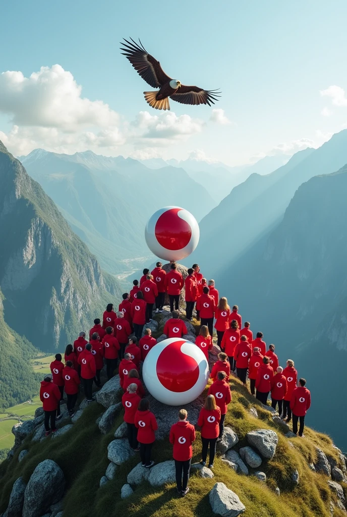Staffs in Vodafone Red and White logo uniform standing on V Shape on a Mountain overlook to the valley with a eagle flying over the valley with Vodafone Logo and HAGEN ROADSHOW 