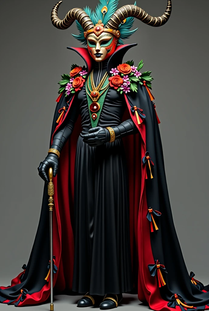 The foreman wears a mask decorated with peacock feathers., which gives it an imposing and majestic appearance. The mask is colorful, adorned with floral details around the face, and has horns that extend upwards, adding a scary and mystical touch.

on your shoulders, He wears a black cape with red inner edges and some colored ribbon details.. The cape flutters with its movement, providing dynamism and highlighting its presence.

Under the cloak, She wears a black dress that reaches to her knees. The dress is elegant and simple, allowing the cape and mask to be the most striking elements of your outfit.

To complete your look, The foreman holds a cane in her hand, which accentuates its central role in the dance and reinforces its authority.