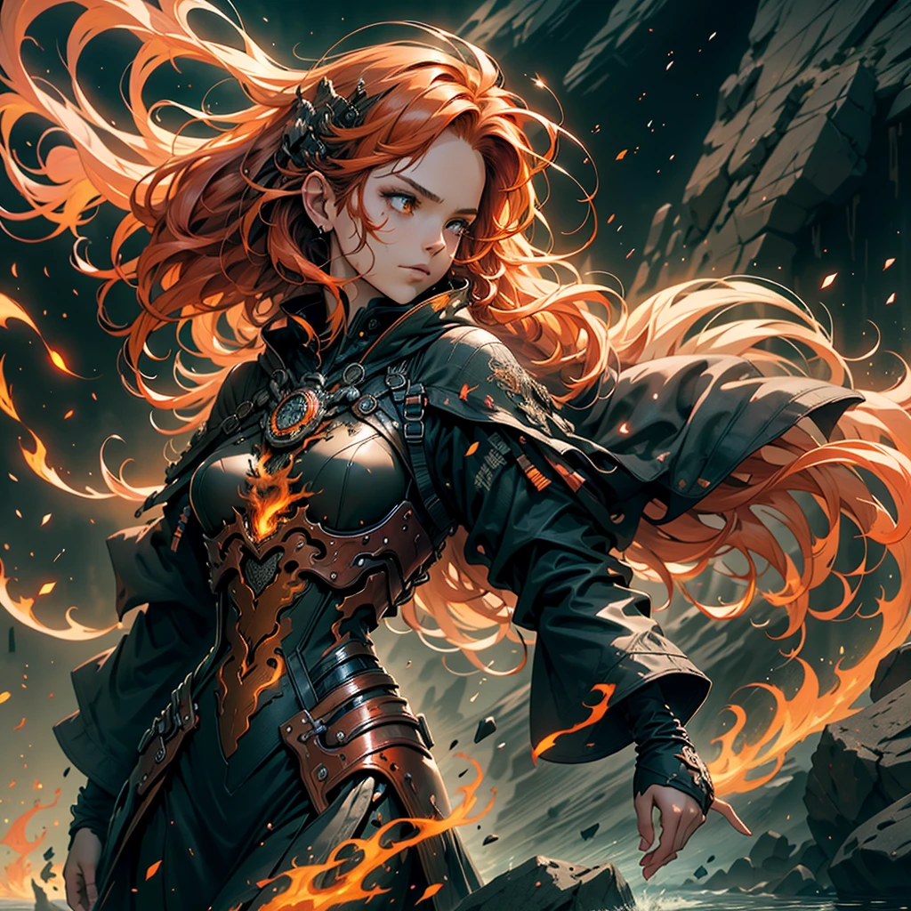 Detailed art in a cinematic style, a Phoenix bird in the image of a beautiful woman, her image arises from flames, a lot of flames, fiery sparks in the air, a red and black shimmering dress, one arm is thrown up, the other is pulled aside, huge fiery wings spread wide, head thrown back with a triumphant expression on her face, fiery red hair billowing in a wave, side view, gloomy black rocks in the background.