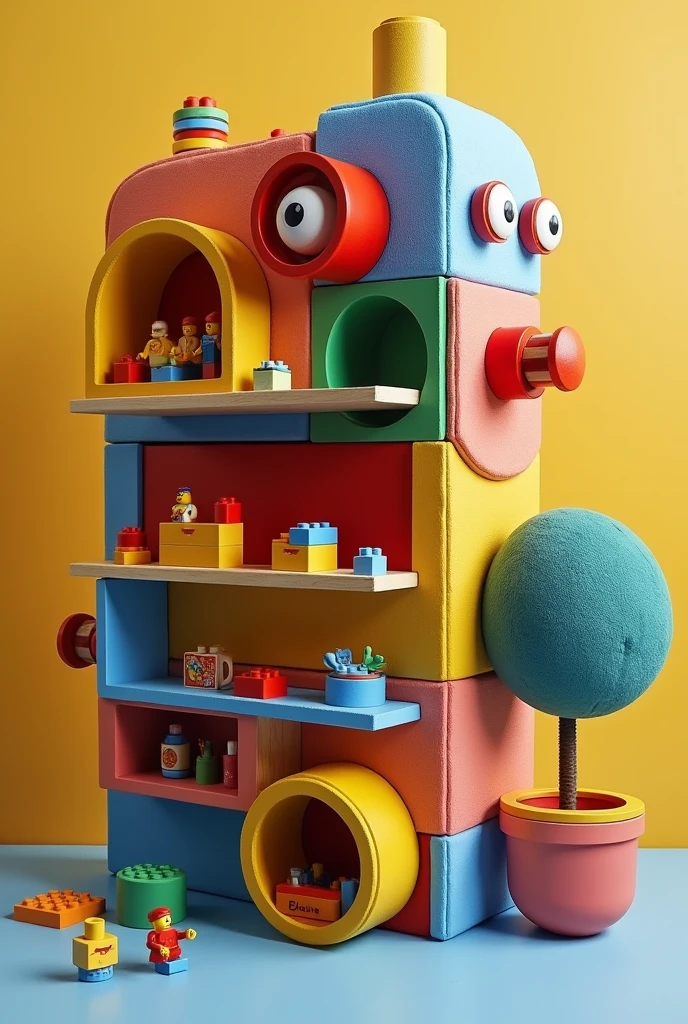 Make an innovative storage shelf for Legos that has compartments, smaller and more creative for a child between 4 and , something innovative that doesn't exist, something unimaginable, something weirder.