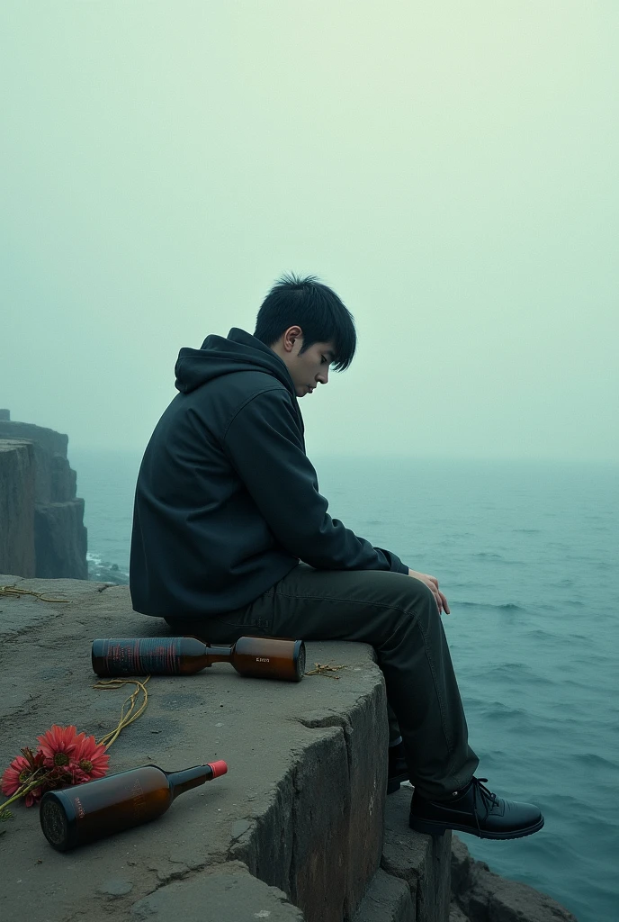 A music cover art. Song title: lonely , artist : ovam , producer : redfox , explicit comtent. 
Describtion: the back view of a guy seating alone on a clif with bottles and dead flowers lying beside him 