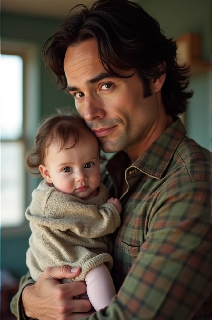 A man carrying a small breastfeeding child, the man wearing a black cap and a dark red T-shirt, holding the child, smiling, looking at scenes, the crying, a in the nursery, a young