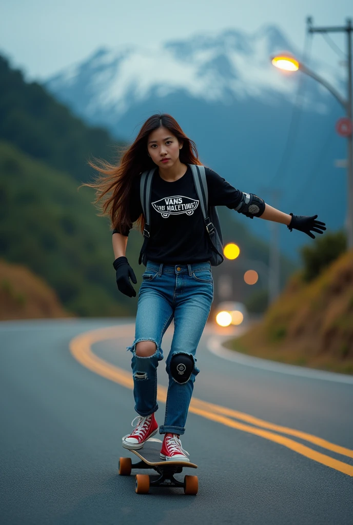 a besutiful korean young woman long flowing hair skateboarding and upturned jacket covered, confidently riding a skateboard down a winding mountain road ferry fasted, framed by the night golden light of the street. She is wearing a black t-shirt with a vintage VAN logo on her chest and a bag on her back, and denims jeans and use red converse shoes. The woman look at the camera, her hands protected by black gloves, adding a personal touch to the thrilling scene. SHe also wears knee and elbow pads, ensuring safety as he navigates the turns with ease. The background is midnight lanscape features rolling green hills and snow-capped mountains in the distance, creating a stunning contrast to the rider’s dynamic movements, amplifying the excitement. In the distance. The image exudes the thrill of downhill skateboarding, the beauty of the natural scenery, and the fearless energy of the rider, with an Instagram-worthy night atmosphere.Smile, Happy, Long Hair, Best Quality,