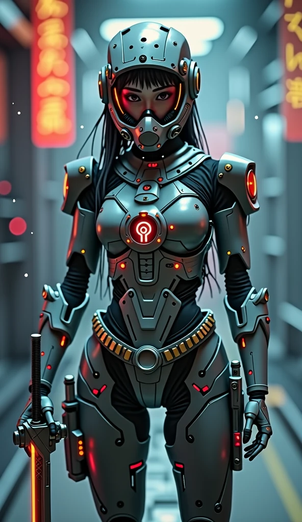 (best quality), future, 1girl, solo, miko motif exoskeleton suit, led, gas mask, holding blade, machinery, digital engraving, ultra highres, absurdres, deep glow effect, hdr, light particles, cinematic lighting, depth of field