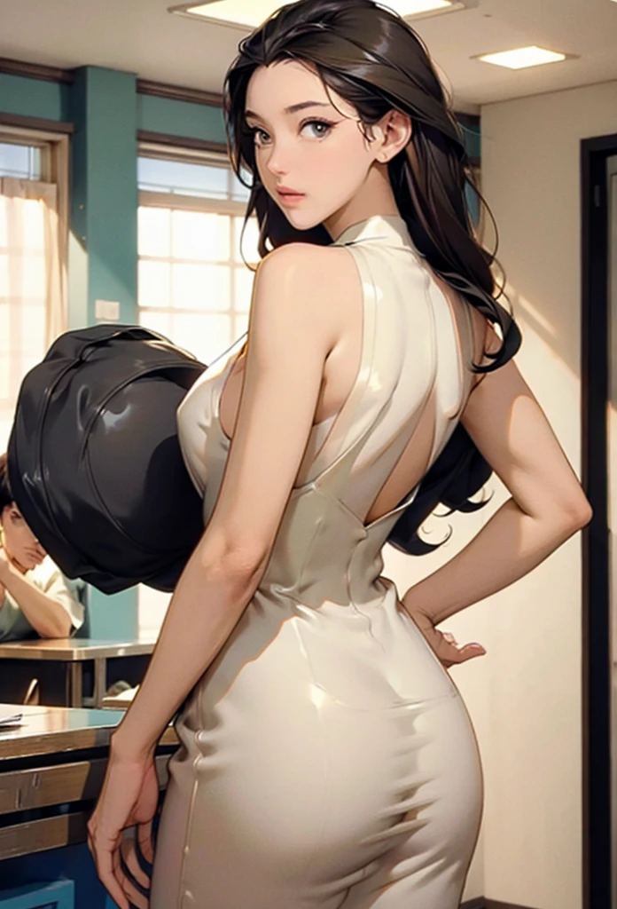 perfect eyes:1.2, detailed eyes:1.4, m0n1c4b-v2, xyzsam, straight hair, very long hair, no blunt, forehead, black hair, brown eyes, from behind, ass, looking back, restaurant, dr3ss, white dress, bare shoulders, latex, breasts, medium full shot, thigh-level shot, 1girl, solo, (masterpiece:1.6, best quality),