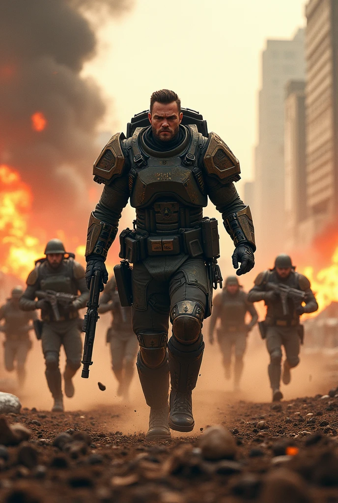 Create a highly realistic and detailed visual depiction of an Empire officer commanding his troops during an intense military operation, leading them into an attack. The officer is shown at the forefront, charging ahead with a determined and fierce expression, his weapon raised high as he inspires his troops to follow. The officer wears a commanding uniform with elements of heavy armor and technological enhancements, fitting a dieselpunk theme. The troops behind him are in full motion, charging forward with their weapons ready. The background is a chaotic battlefield, with explosions, smoke, and debris filling the air, emphasizing the ferocity of the attack. The art style should capture the intensity, leadership, and raw power of the dieselpunk-inspired Empire in the heat of battle.