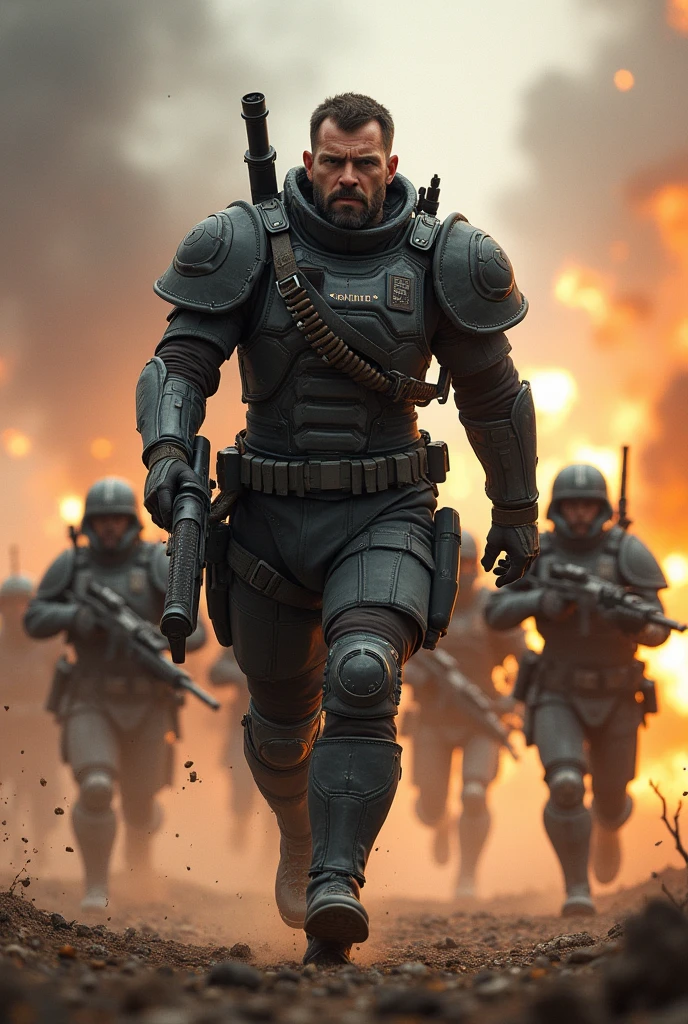 Create a highly realistic and detailed visual depiction of an Empire officer commanding his troops during an intense military operation, leading them into an attack. The officer is shown at the forefront, charging ahead with a determined and fierce expression, his weapon raised high as he inspires his troops to follow. The officer wears a commanding uniform with elements of heavy armor and technological enhancements, fitting a dieselpunk theme. The troops behind him are in full motion, charging forward with their weapons ready. The background is a chaotic battlefield, with explosions, smoke, and debris filling the air, emphasizing the ferocity of the attack. The art style should capture the intensity, leadership, and raw power of the dieselpunk-inspired Empire in the heat of battle.